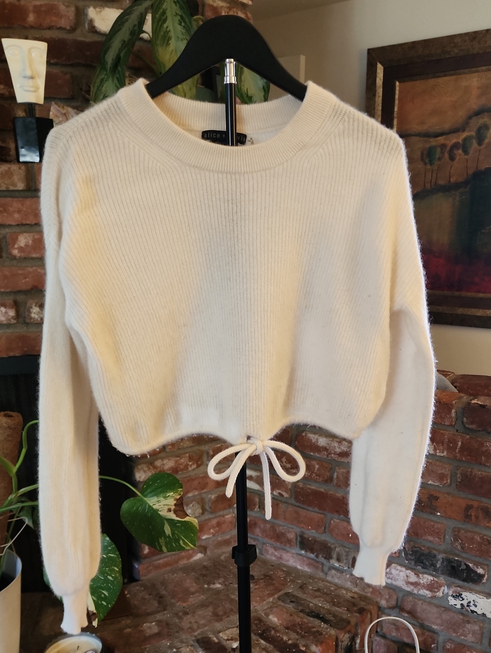 Alice + Olivia Ivory Drawstring Hem Cropped Balloon Sleeve Sweater